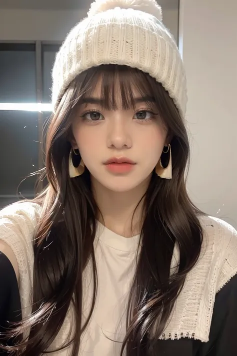 1girl, solo, long hair, black hair, written clothes, brown eyes, looking at the viewer, beanie, lips, upper body, closed mouth, shirt, earrings, https://i.postimg.cc/tCDfNDvp/Screenshot-20230606-212445.png