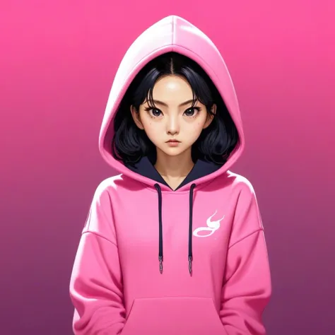 kang sae-byeok, squid game, jung ho-yeo, holding a knife with her hand, wearing a pink hoodie, simple background, evil expressio...