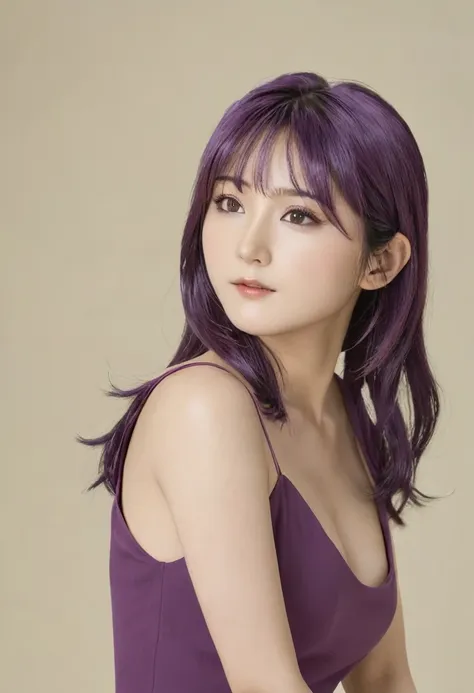 (high resolution,detailed, raw photo,Very realistic,8k),(Masterpiece: 1.3),((high resolution,detailed, raw photo,Very realistic,8k),(Misato Katsuragi),(highly detailed symmetrical attractive face),(purple hair,detailed hair),(seductive smile),(looking at t...