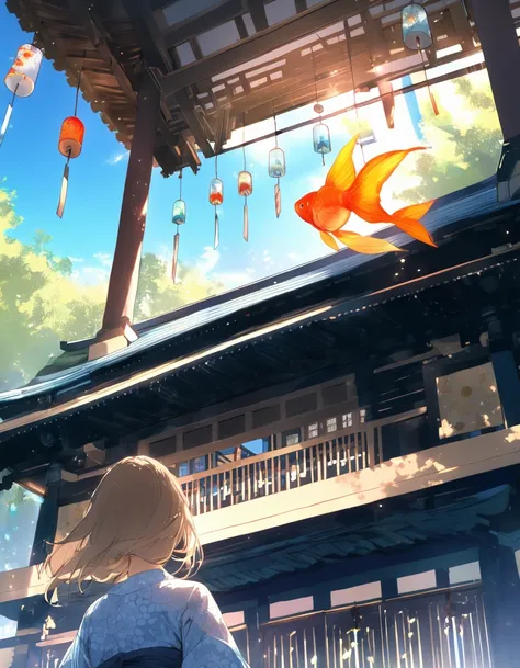 extremely clear 8K wallpaper, extremely delicate and detailed face:1.3, absurdres, masterpiece, pixiv contest winner, by Demizu Posuka, from below, from behind, wide shot view, The scenery on the grounds of the shrine where the wind chime festival is being...