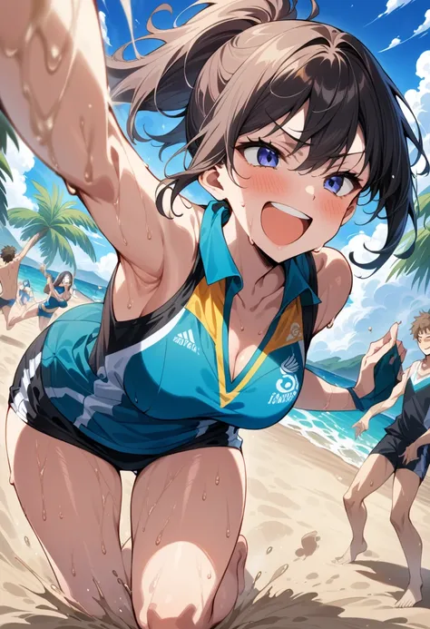 ((Masterpiece)), ((Best Quality)), (Very Detailed), ((Very Detailed)), 4K, (8K), very aesthetic, absurdres highres, Please draw male and female players enjoying beach volleyball on a sunny beach. They are wearing beach volleyball uniforms, sweating and ene...