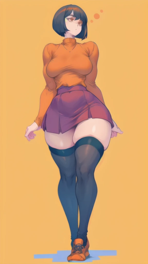 Full body image of Velma from Scooby-Doo, full body in image, wearing her original outfit (orange sweater, red skirt, knee-high orange socks, and black shoes), short brown bob haircut, female body, curvy and  body, dynamic pose, detailed pose, simple backg...