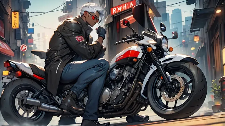 Strong dark-skinned man snow-white hair red eyes serious wearing glasses standing near a green 1300cc ninja motorcycle with black motorcycle courier coat motorcycle courier gloves , (work of art), best qualityer, (extremely detailed face), muscular boy .ex...