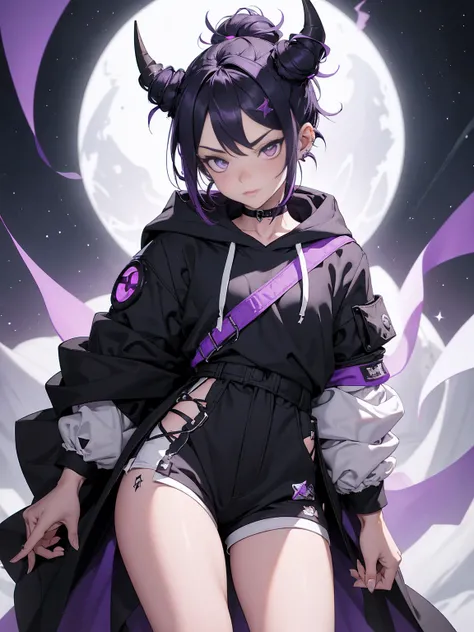 boy. thoughtful look. open forehead. black and purple hair tied in a bun on the left side to one side. winding black horns wrapped in white ribbon. white violet eyes. in short dark purple shorts. long white T-shirt. dark purple knee-high socks. dark purple...