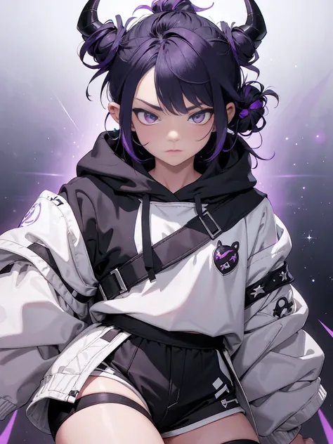 boy. thoughtful look. open forehead. black and purple hair tied in a bun on the left side to one side. winding black horns wrapped in white ribbon. white violet eyes. in short dark purple shorts. long white T-shirt. dark purple knee-high socks. dark purple...