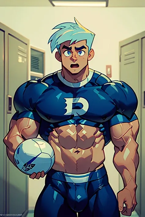 (Masterpiece) (Hyper muscular) (3 boys) Danny Phantom, ghost, hypnosis, jock, conversion, locker room hallway, hyper muscles, jockstrap, bro, meathead, hypnotized, brainwashed, brainwashing, big dumb jock, football. Glowing blue eyes. Hyper crotch bulge. M...