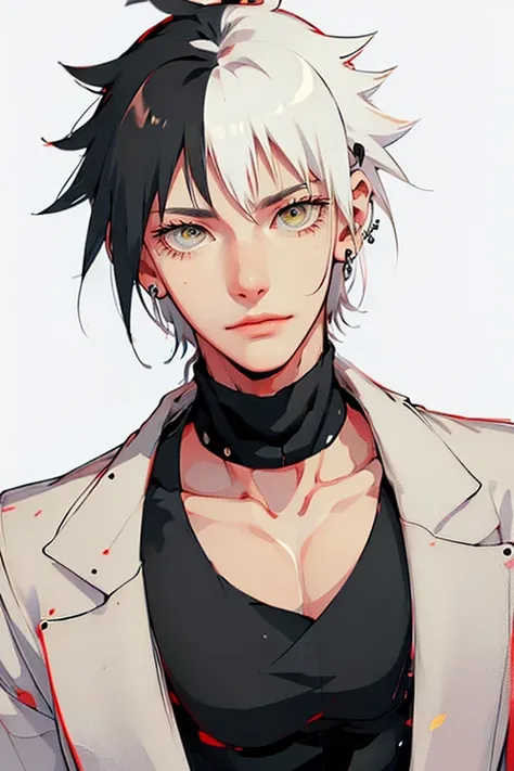 1 male (tall man, slim, manly, dominate,  half black colored-hair, half white colored- hair, yellow eyes, tough, wearing a sci-f...