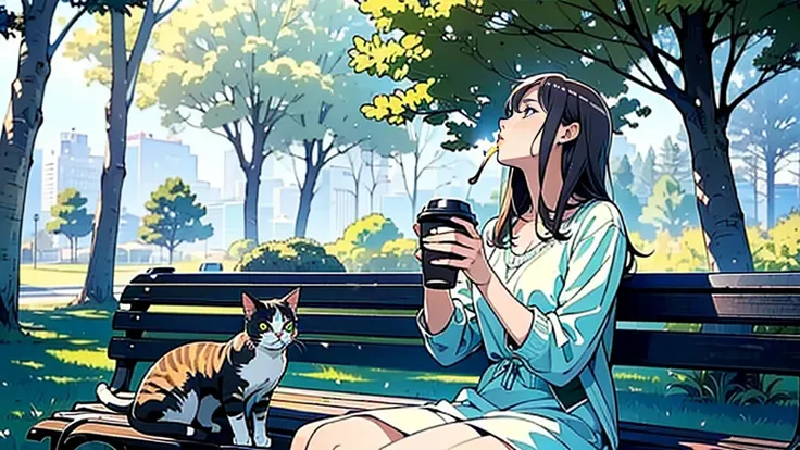 (Woman sitting on a park bench looking up at the sky),(Have a coffee),(Cozy and comfortable seating),(Sunlight filtering through the trees),(Clear skies),(noon),(Ultra-detailed anime-style scenery wallpaper),A woman is drinking coffee alone,((cat)),