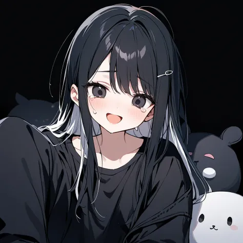 long hair, black hair, white inner hair, crying, open mouth, smile, flustered, Illustration where the pupil does not overlap the lower lash line, The lower half of the eye is white, vacant eyes, black eyes, cellphone, oversized clothes, sleeves past wrists...