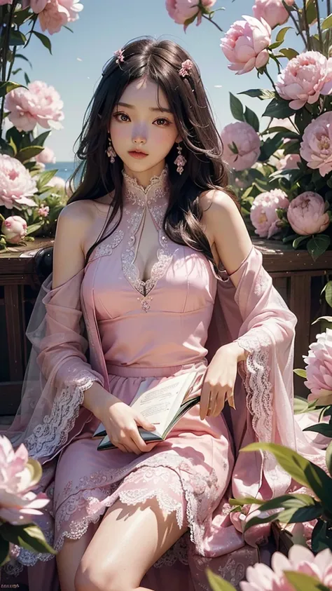 best quality,masterpiece,Ultra-high resolution,(photoactual:1.4),,Sky full of peonies（background）,20-year-old peony fairy（oriental woman）,Pink shawl long hair,cute eyes,Sexy body,Wearing a peony lace skirt,A half-reclining person reads a book and drinks am...