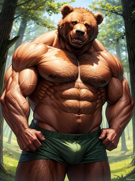 A big, muscular anthropomorphic bear in the wood. 