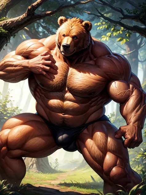 A big, muscular anthropomorphic bear in the wood. 