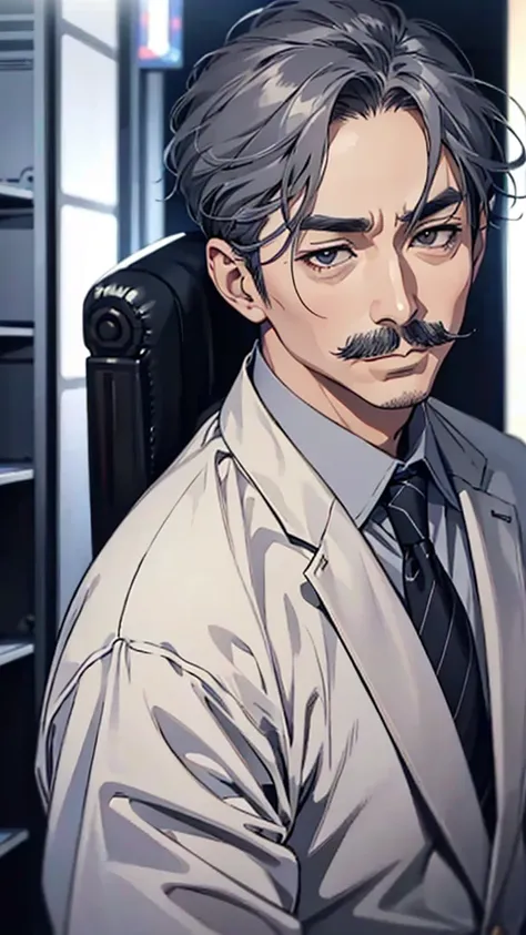 Asian face, Japanese, 60-year-old man, dark eyes, short, sensible suit, gray hair, gray moustache, upper body