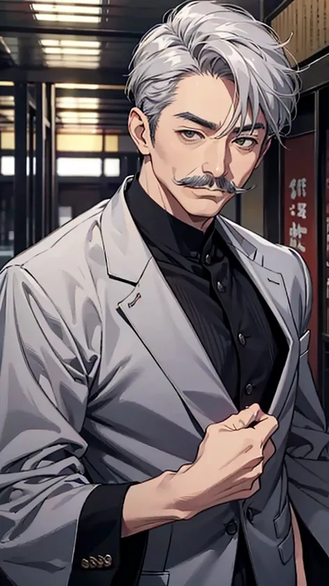 Asian face, Japanese, 60-year-old man, dark eyes, short, sensible suit, gray hair, gray moustache, upper body