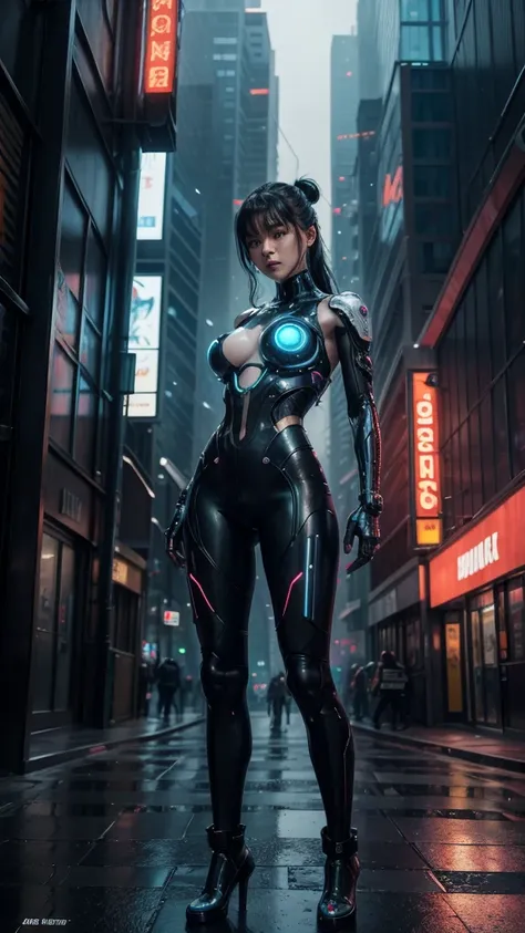 Describe the female corean figure with a focus on her cybernetic enhancements and futuristic attire. Emphasize the sleek integration of technology with her humanoid form, detailing glowing circuitry, metallic textures, and possibly translucent panels revea...