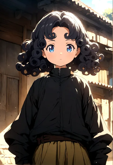 Anime character with curly hair black jacket and baggy pants blue eyes