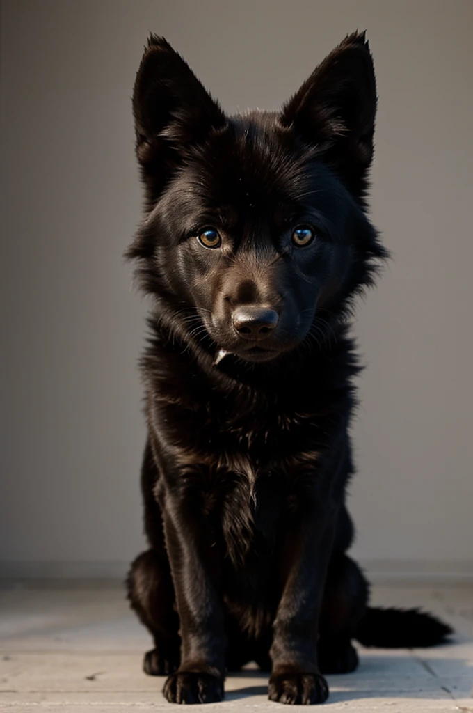 A black wolf pup with ruffled fur and has a cute skull mask on, in a cartoon style 