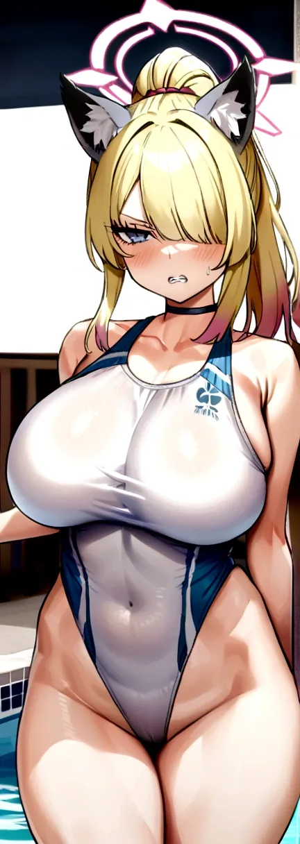 Kanna Ogata（Blue Archive）,Blonde ponytail,Grey gap,Glaring at me,Wolf Ears,One eye is covered by hair,White competitive swimsuit,Large Breasts,Poolside Background,Circle of angels overhead,Jagged teeth,