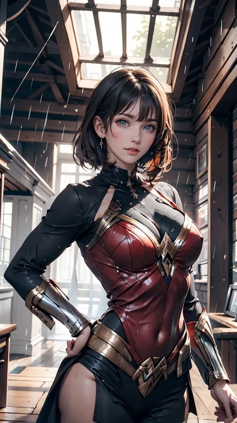 18-year-old girl, Wonder Woman Suit, Short Curly Hair, Blonde, Beautiful Face, rain, roof, masterpiece, Exquisite detail, Perfect Anatomy, Combat Stance、Sexy proportions、Sexy、Narrow waist