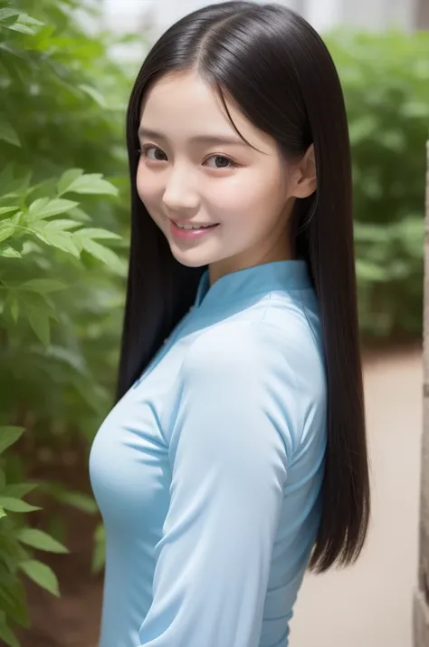 Highest quality、Blue ultra-thin, ultra-fitting, ultra-tight Ao Dai、Beautiful girl、13 years old、Keep your eyes down、Upper body、Black-haired、Ultra-detailed skin、Moisturized Skin、A shy smile