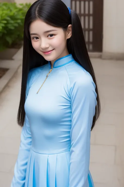 Highest quality、Blue ultra-thin, ultra-fitting, ultra-tight Ao Dai、Beautiful girl、13 years old、Keep your eyes down、Upper body、Black-haired、Ultra-detailed skin、Moisturized Skin、A shy smile