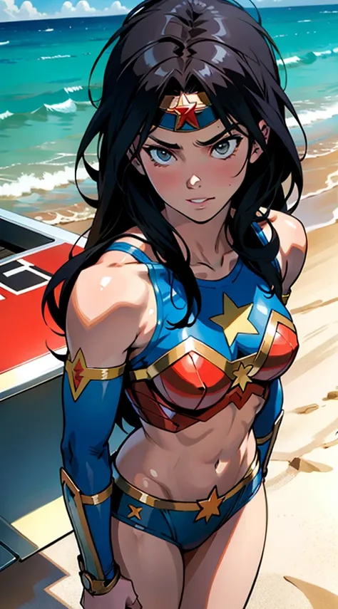 アニメ cel-shading wonderwoman, bikini, on the beach in ((anime + manga + comics + cartoon) style)