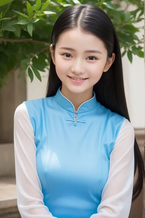 Highest quality、Blue ultra-thin, ultra-fitting, ultra-tight Ao Dai、Beautiful girl、13 years old、Keep your eyes down、Upper body、Black-haired、Ultra-detailed skin、Moisturized Skin、A shy smile