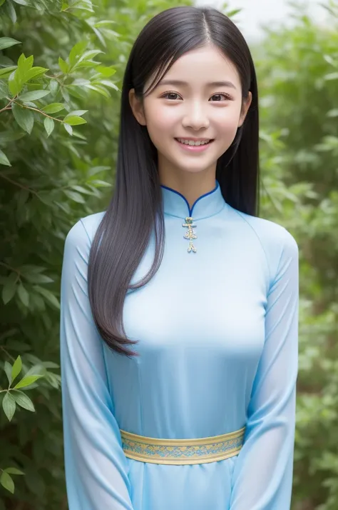 Highest quality、Blue ultra-thin, ultra-fitting, ultra-tight Ao Dai、Beautiful girl、13 years old、Keep your eyes down、Upper body、Black-haired、Ultra-detailed skin、Moisturized Skin、A shy smile