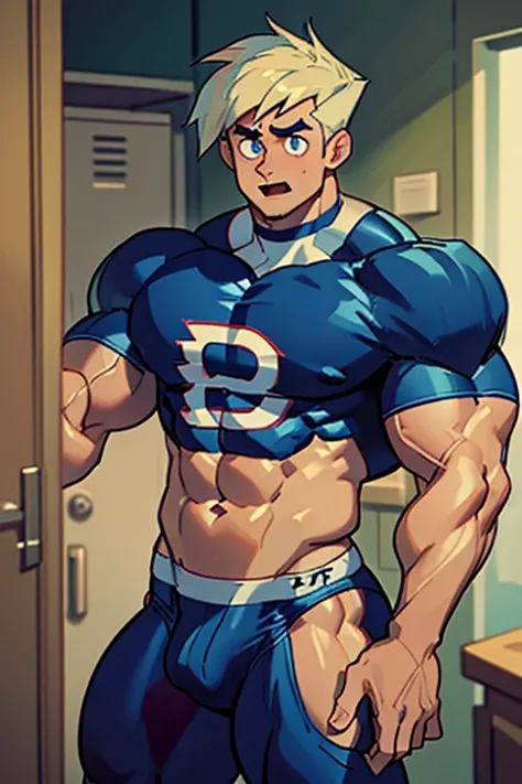 (Masterpiece) (Hyper muscular) (3 boys) Danny Phantom, ghost, hypnosis, jock, conversion, locker room hallway, hyper muscles, jockstrap, bro, meathead, hypnotized, brainwashed, brainwashing, big dumb jock, football. Glowing blue eyes. Hyper crotch bulge. M...