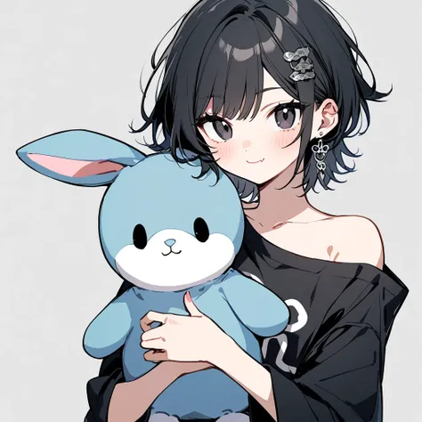 1girl,solo,black hair,short hair,black eyes,sliver earrings,black hairpin,black ,gray background,amo style,oversized shirt, shirt, off shoulder,mesugaki, smile, looking at viewer, rabbit stuffed 
,holding rabbit stuffed,blush, hand up, skin fang, ,style5,