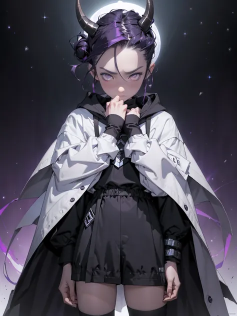 boy. thoughtful look. open forehead. black and purple hair tied in a bun on the left side to one side. winding black horns wrapped in white ribbon. white violet eyes. in short dark purple shorts. long white T-shirt. dark purple knee-high socks. dark purple...