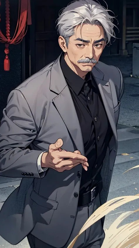 Asian face, Japanese, 60-year-old man, dark eyes, short, sensible suit, gray hair, gray moustache, upper body