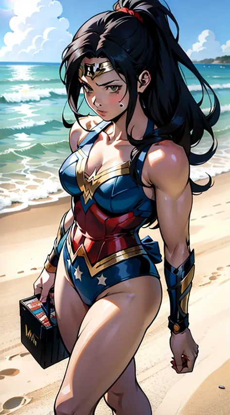 アニメ cel-shading Wonderwoman, bikini, on the beach in ((anime + manga + comics + cartoon) style) 