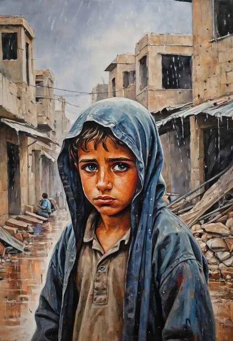 cpchann impressive scene of a small palestinian  in tears in the gaza strip, looking at the rain from the bombed street of a hou...