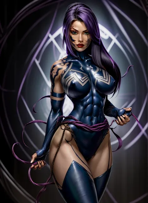 Psylocke , solo, best quality, sky, field, grass, akali, looking at viewer, league of legends, highres, Psylocke , abs, arm tattoo, bangs, blouse, breasts, green shirt, hair between eyes, hip vent, long bangs, long hair, mask, midriff, ninja, ponytail, rop...