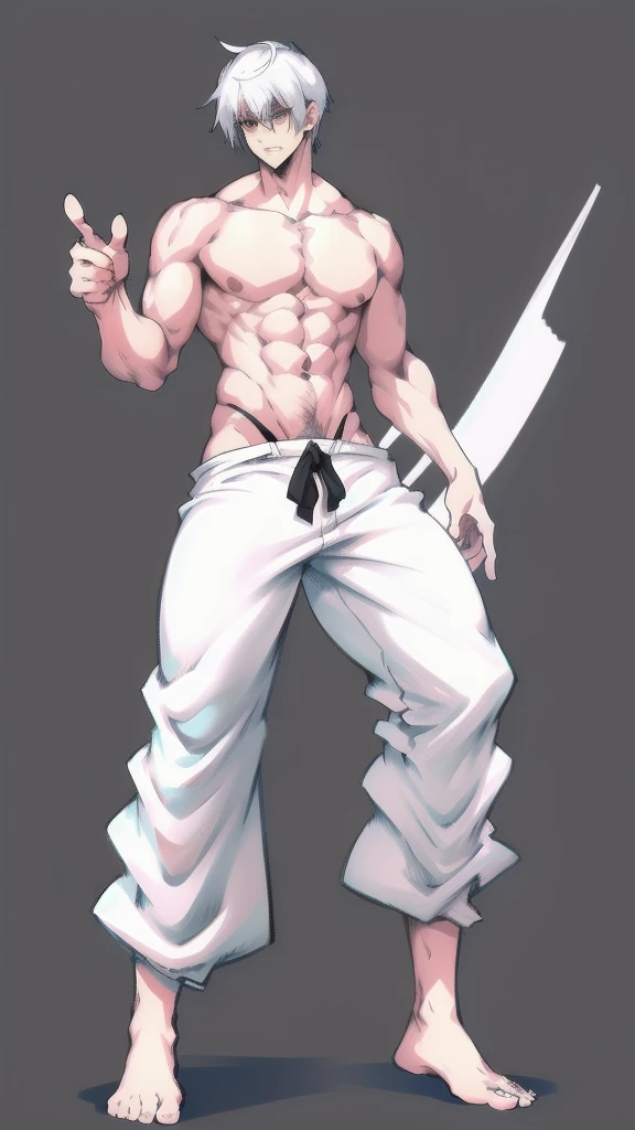 full body in image, masculine pose, unique hair, full man, white harem pants, male body, slender body, short hair, full body, hot body, sexy male body, dinamic pose, six patch. detalied pose, body, simple background, expressive face, focus on face, line ar...