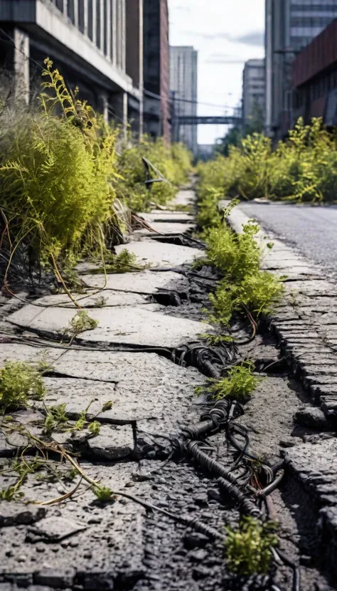 city after apocalypse hurt , Photography, asphalt detail, vegetation claiming the city, sidewalk cord.