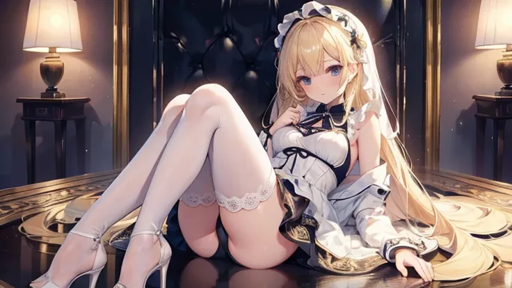 best quality，Super detailed，Perfect limbs，floor、mini skirt，Clothes with intricate details，Bright，Swimsuit，one person，blond，Sexy、Deep sleep、long hair、Stockings