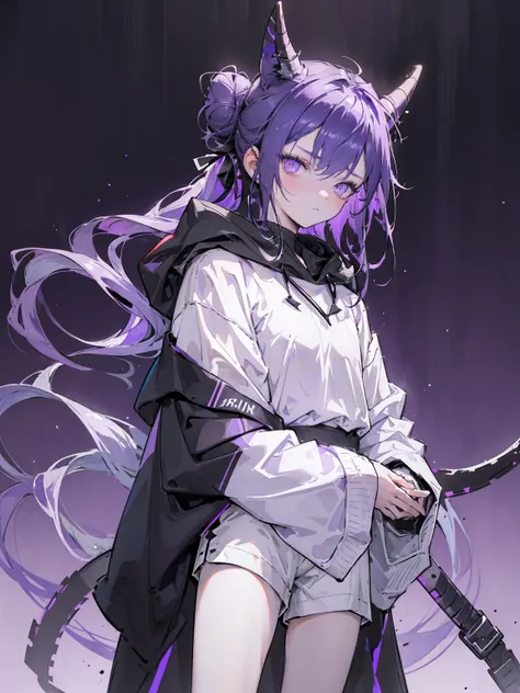 boy. thoughtful look. open forehead. black and purple hair tied in a bun on the left side to one side. winding black horns wrapped in white ribbon. white violet eyes. in short dark purple shorts. long white T-shirt. dark purple knee-high socks. dark purple...