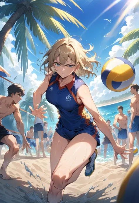 ((Masterpiece)), ((Best Quality)), (Very Detailed), ((Very Detailed)), 4K, (8K), very aesthetic, absurdres highres, I male, beach volleyball, sports_uniform, serious_expression, diving, receiving, spiking, sunlight, ocean_waves, palm_tree, beach_umbrella, ...