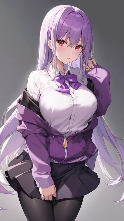 masterpiece, best quality, highres, aaakane, long hair, red eyes, purple bowtie, collared shirt, white shirt, off shoulder, purple jacket, partially unzipped, long sleeves, sleeves past wrists, pleated skirt, black skirt, pantyhose, cowboy shot, standing, ...