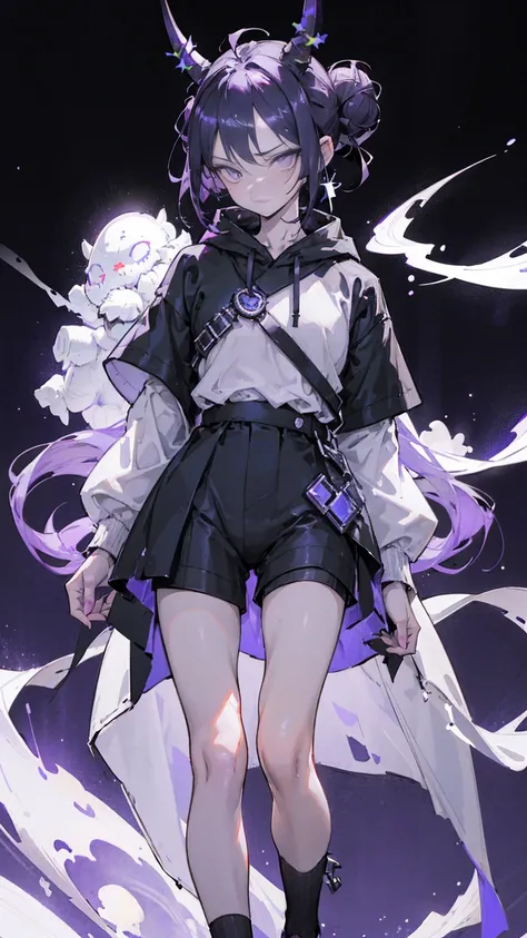 boy. thoughtful look. open forehead. black and purple hair tied in a bun on the left side to one side. winding black horns wrapped in white ribbon. white violet eyes. in short dark purple shorts. long white T-shirt. dark purple knee-high socks. dark purple...