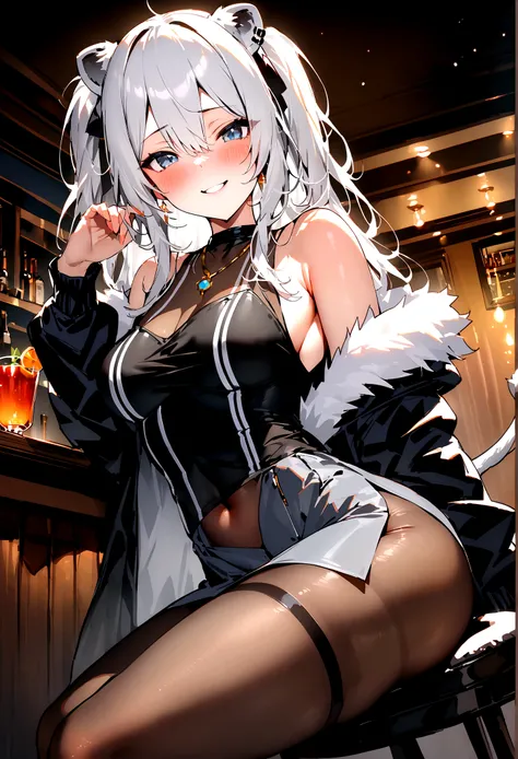 NSFW,masterpiece,Highest quality,High resolution,Super detailed,Shishirabotan(Hololive),Long Hair、Two Side Up、Earrings、Lion&#39;s Tail,necklace、Black Shirt、Sleeveless shirt、abdomen、See-through、Grey Skirt、片足pantyhose、pantyhose、fur-trimmed jacket、Black jacke...