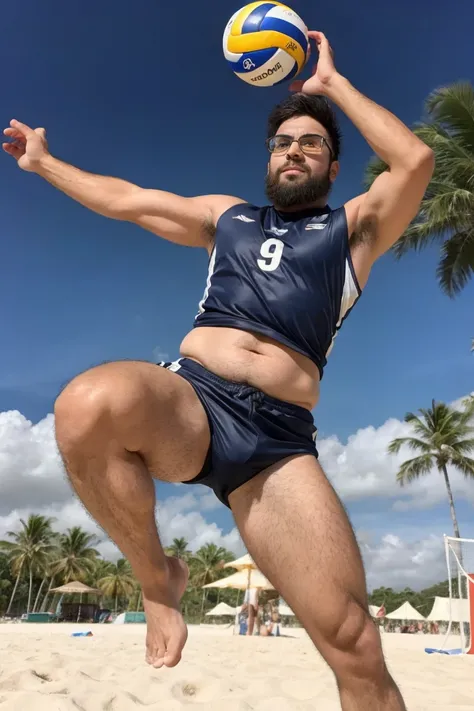 １male, alone, (yossan), (Beach Volleyball), Ultra-high resolution,beard, Glasses, ((Are fat)), Blue sky, sun, White sand beach, blue sea, Palm tree, The moment a player jumps to spike the ball, The moment he dives to receive the ball, Sand flies, sunの光が反射す...