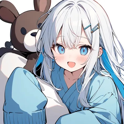 long hair, White hair, sky blue inner hair, open mouth, smile, flustered, Illustration where the pupil does not overlap the lower lash line, The lower half of the eye is white, vacant eyes, sky blue eyes, oversized clothes, sleeves past wrists, , sky blue ...