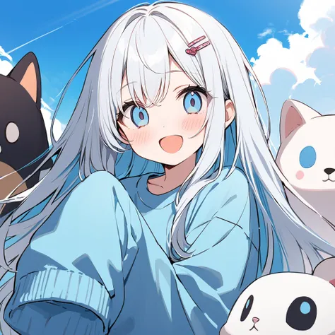 long hair, White hair, sky blue inner hair, open mouth, smile, flustered, Illustration where the pupil does not overlap the lower lash line, The lower half of the eye is white, vacant eyes, sky blue eyes, oversized clothes, sleeves past wrists, , sky blue ...