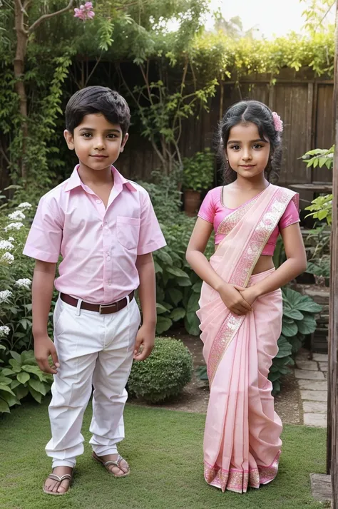 Draw a picture in which a girl is standing with a chick. The girl is wearing a pink saree and the boy is wearing a white shirt. They are standing in a garden.