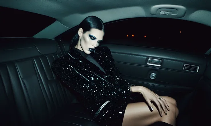 inside a car, night, fashion photoshoot, photographed by steven klein