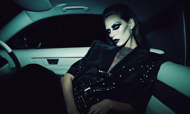 inside a car, night, fashion photoshoot, photographed by steven klein