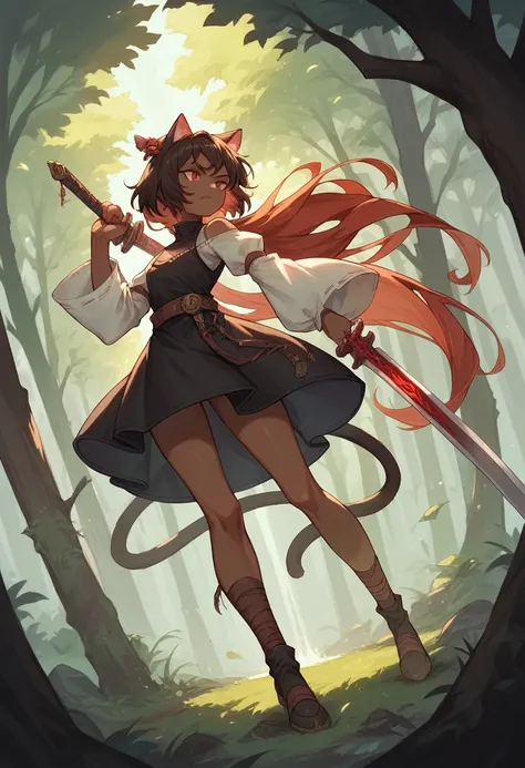 brown skin girl,Cats ears, red white,wearing a black dress with white sleeves,at a forest,wielding a sword